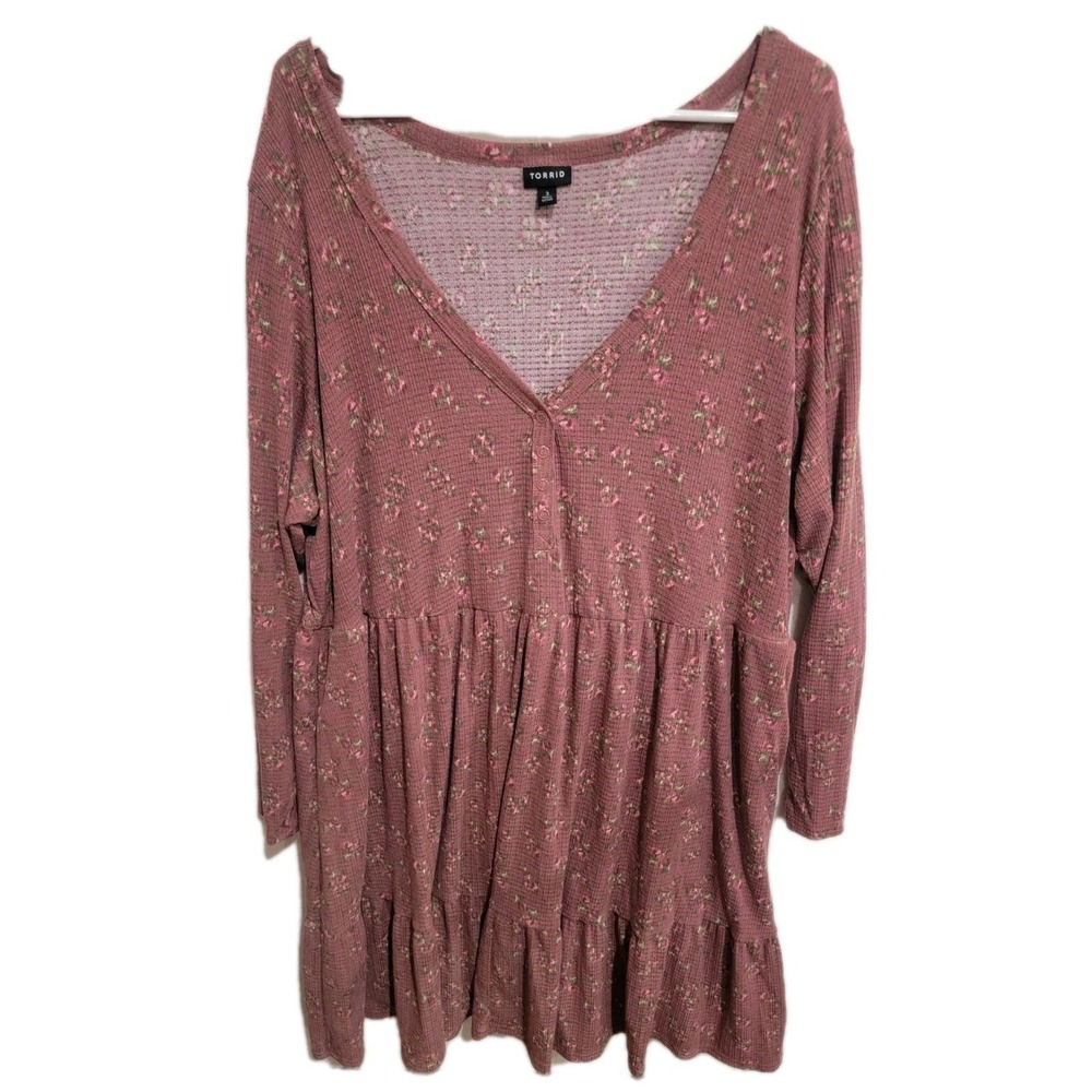 Torrid Size 3 Floral Waffle Knit Tiered Dress Long Sleeve Henley Rose Pink 3X